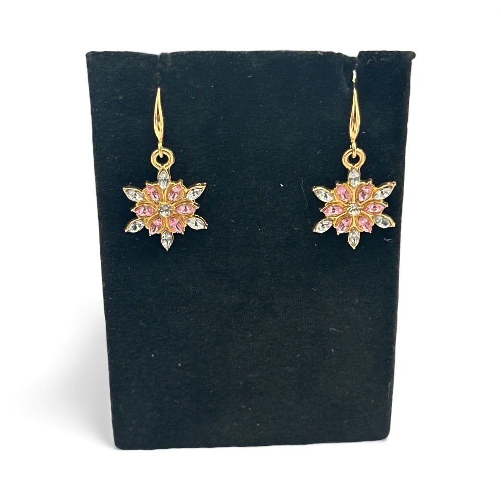 Gold Tone Snowflake Earrings Pink White‎ Crystal Dangle Drop Pierced Women
